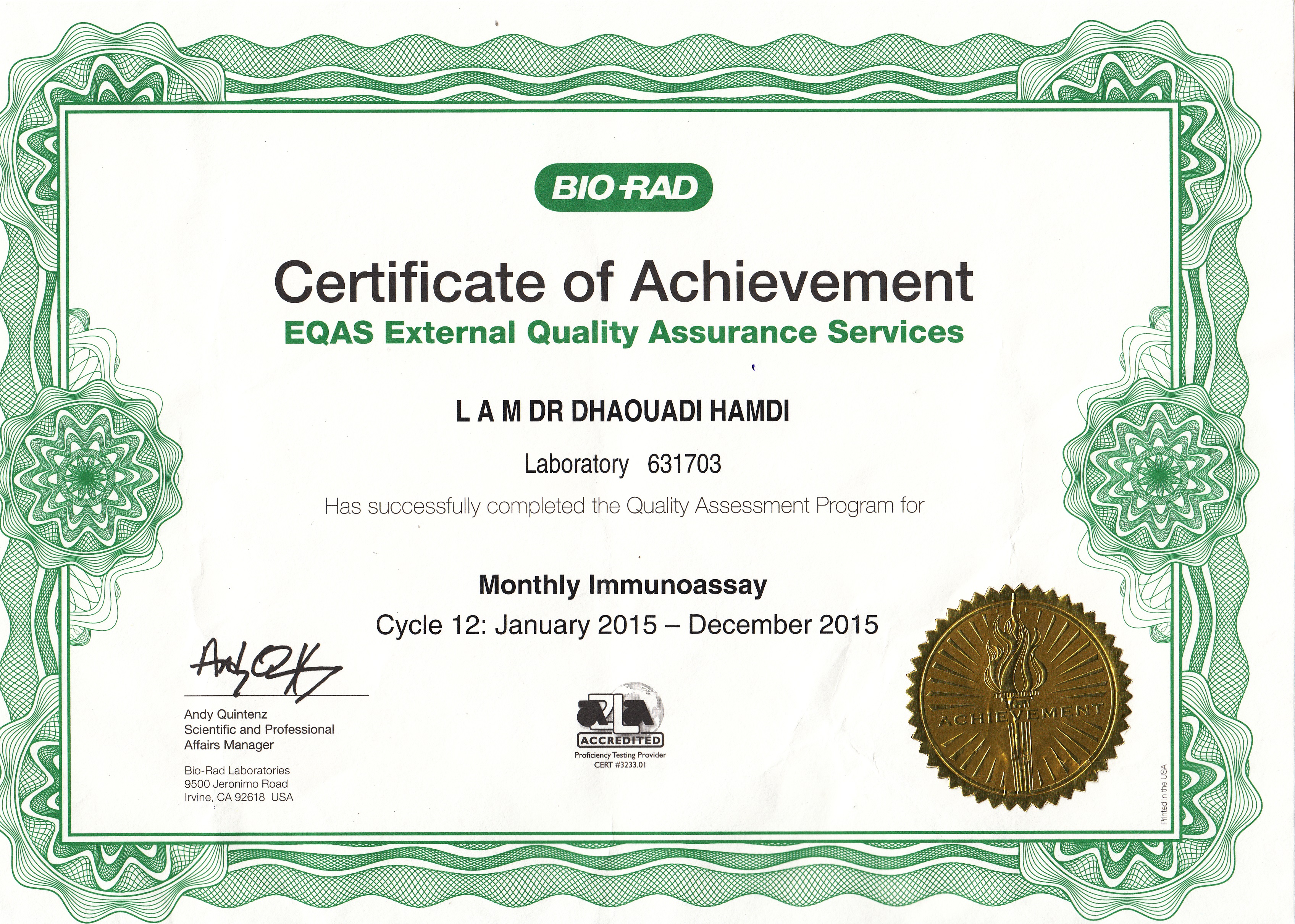 certificat Bio RAD